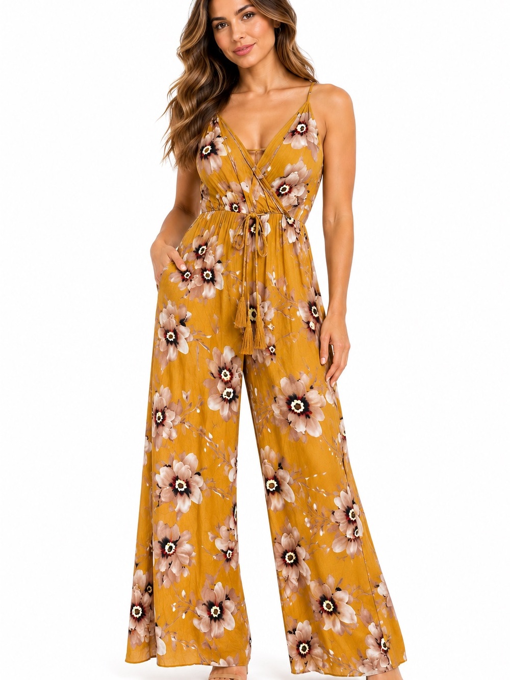 San Joy Mustard Yellow Floral Wide Leg Jumpsuit Size L Wrap V-Neck